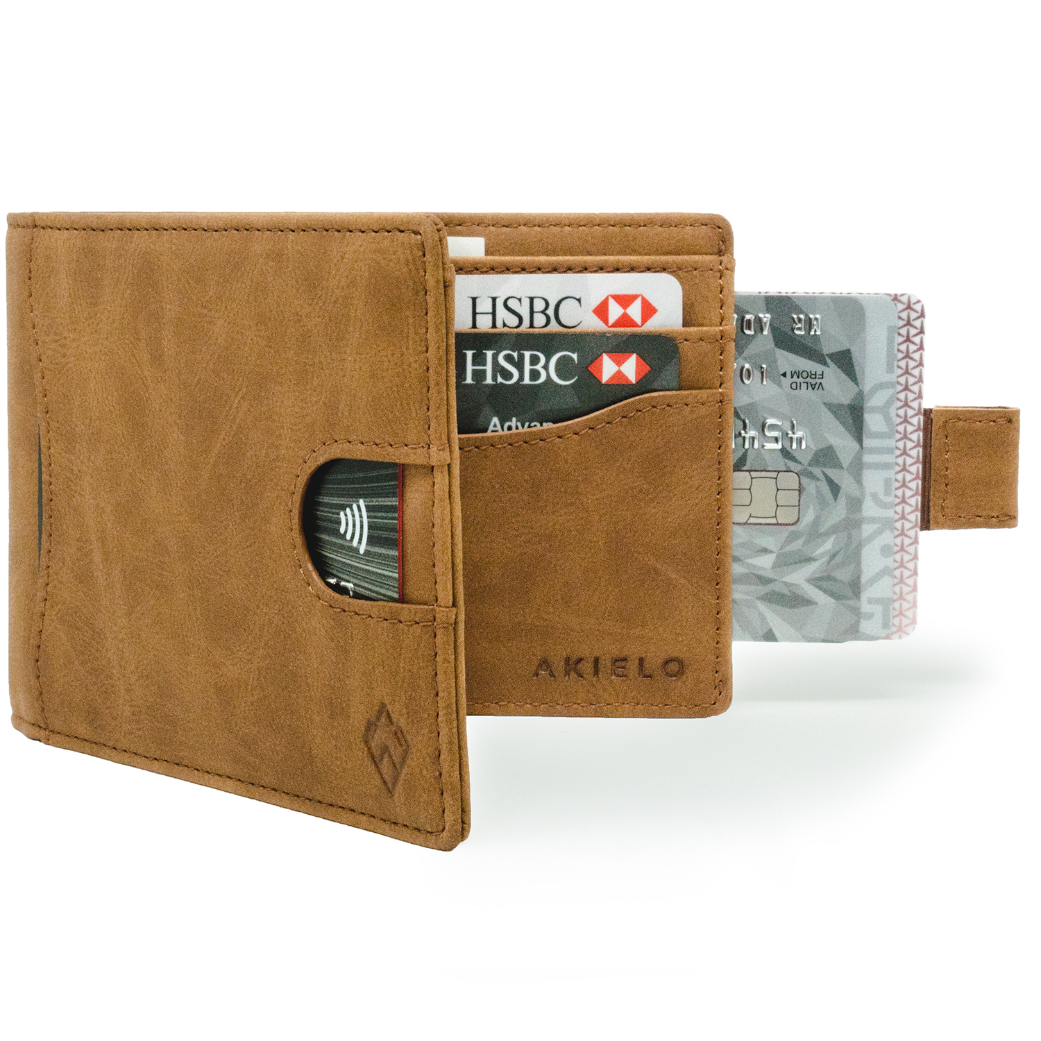Tan mens wallet car holder with pull tab and RFID blocking wallet