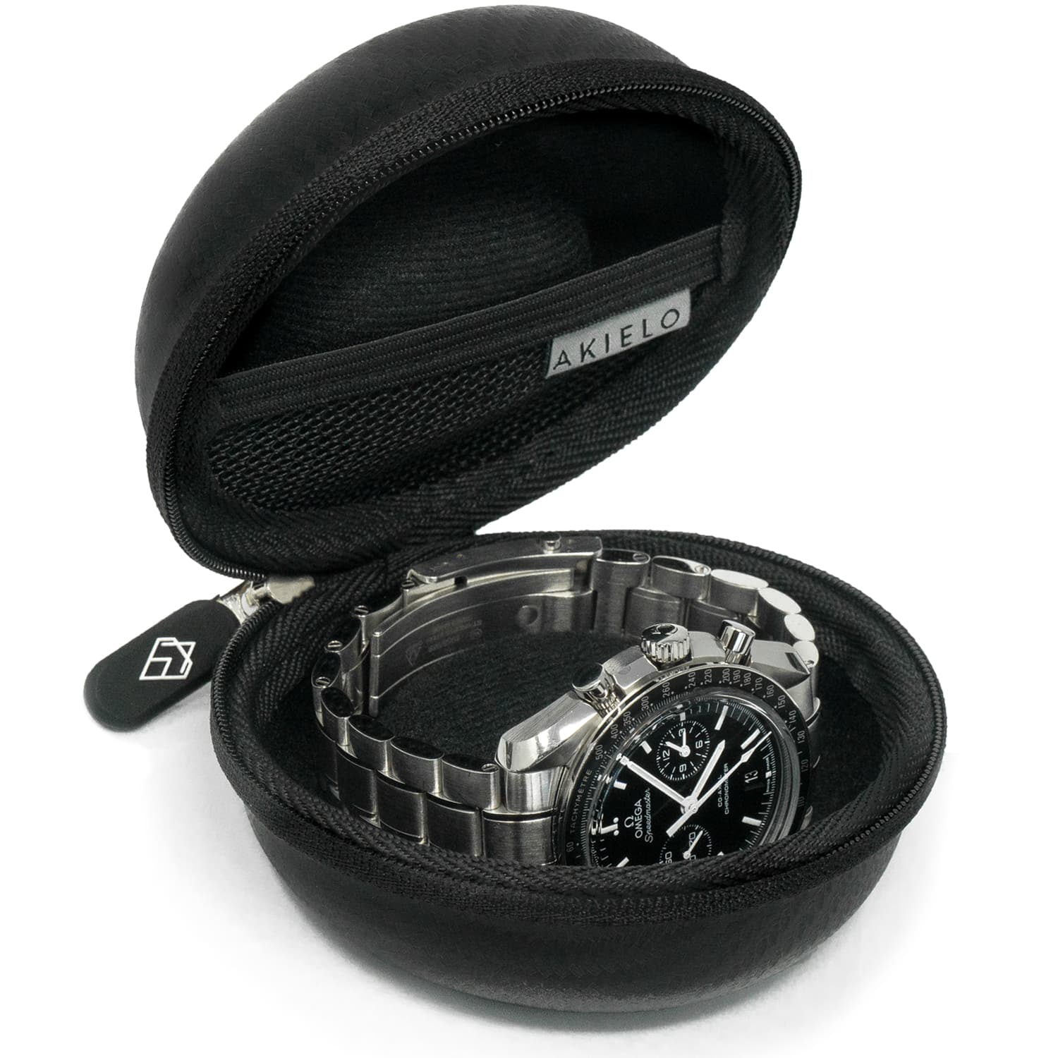 black travel watch case box with polishing cloth