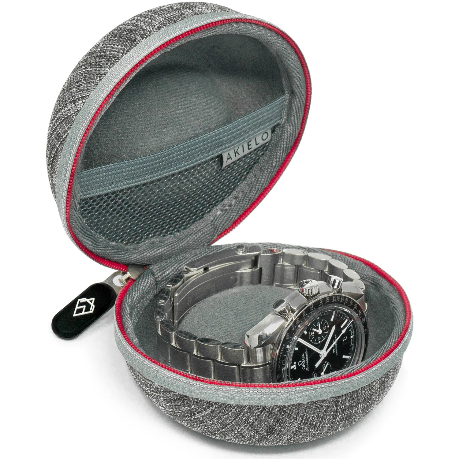 light grey travel watch case box with polishing cloth