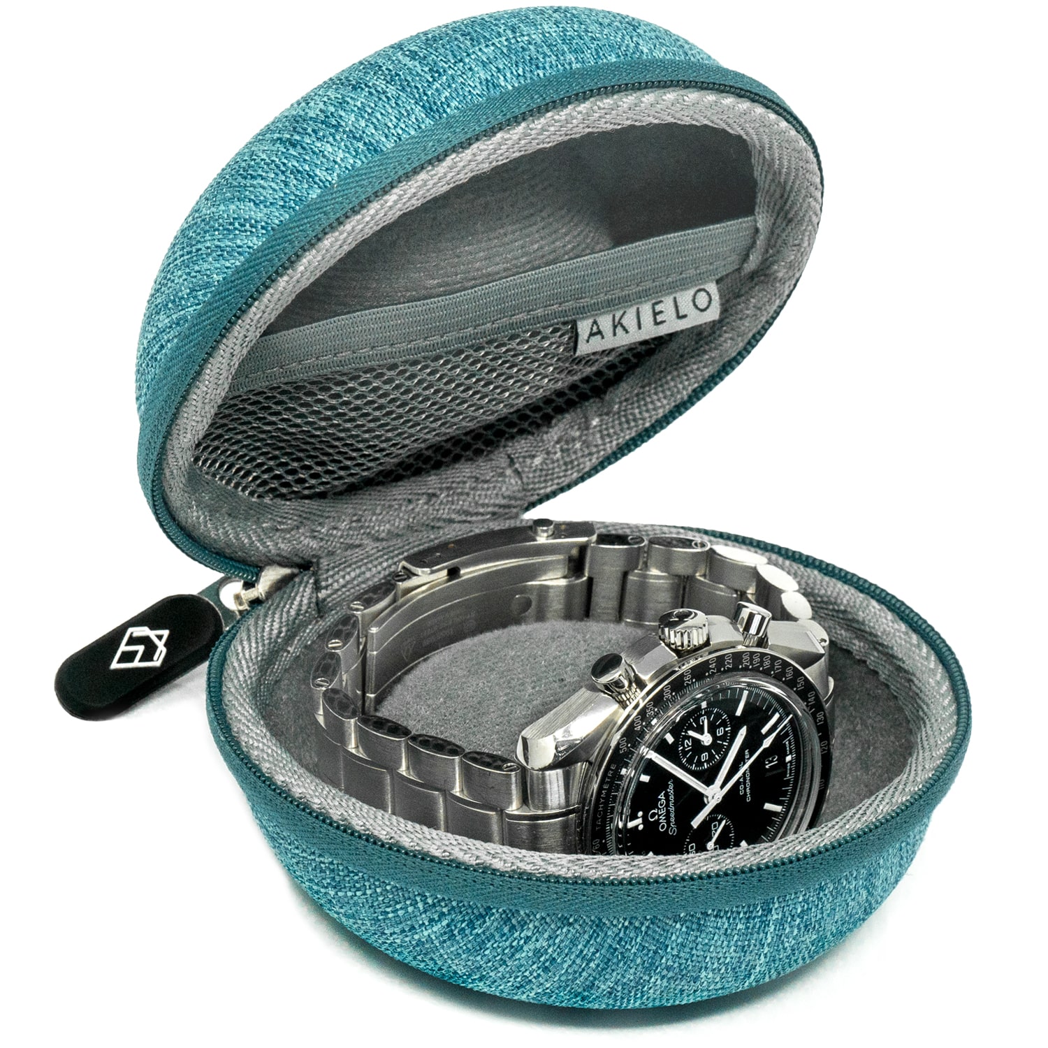 blue green travel watch case box with polishing cloth